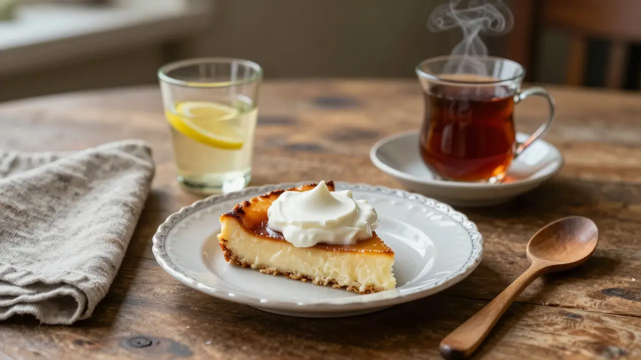 Plátek žemlovky se smetanou a horkým čajem na české kuchyňské tabuli.