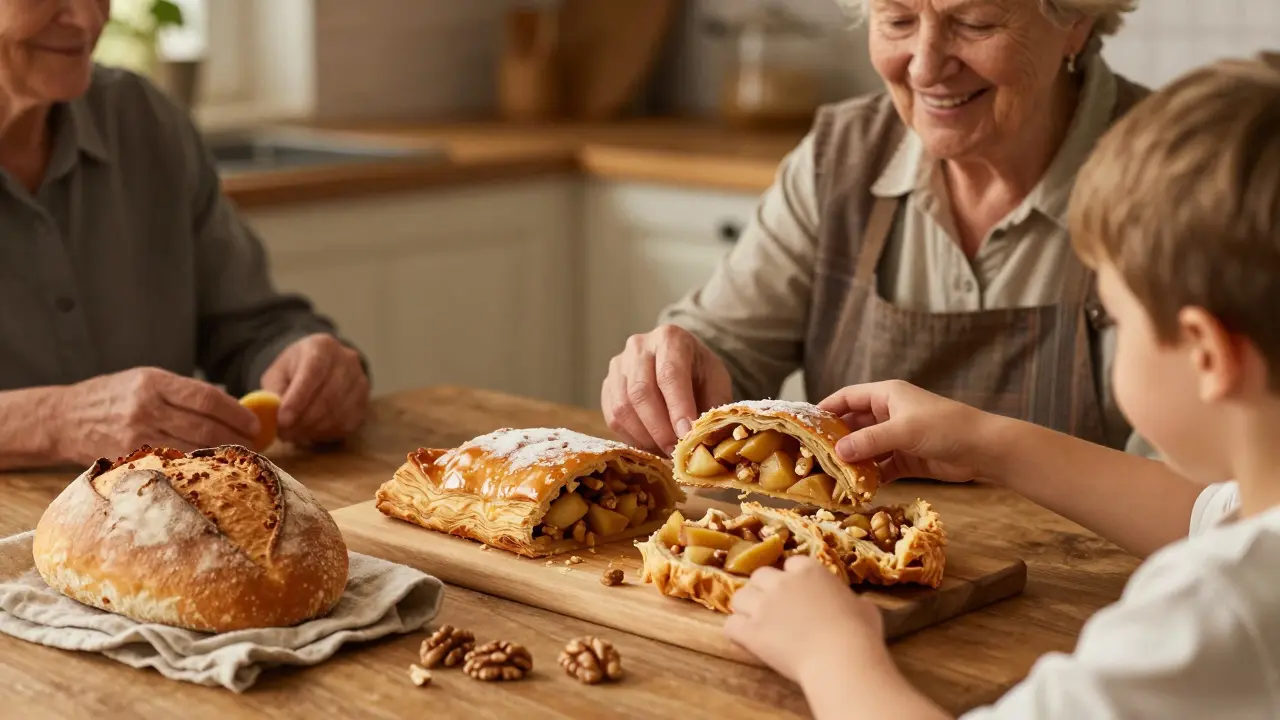 Rodina sdílí štrúdl a čerstvý chléb v teplé kuchyni.