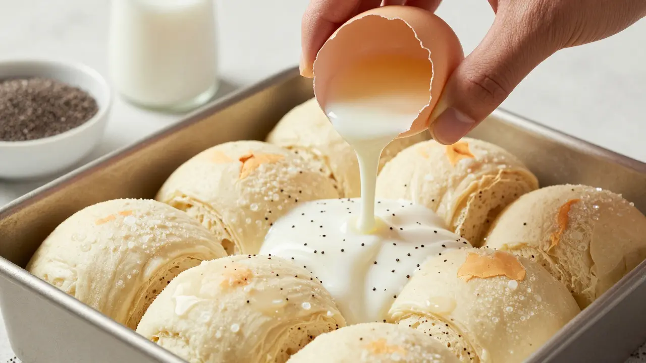 Ruce nalévají teplou směs mléka a vajec na kousky starých žemlí.