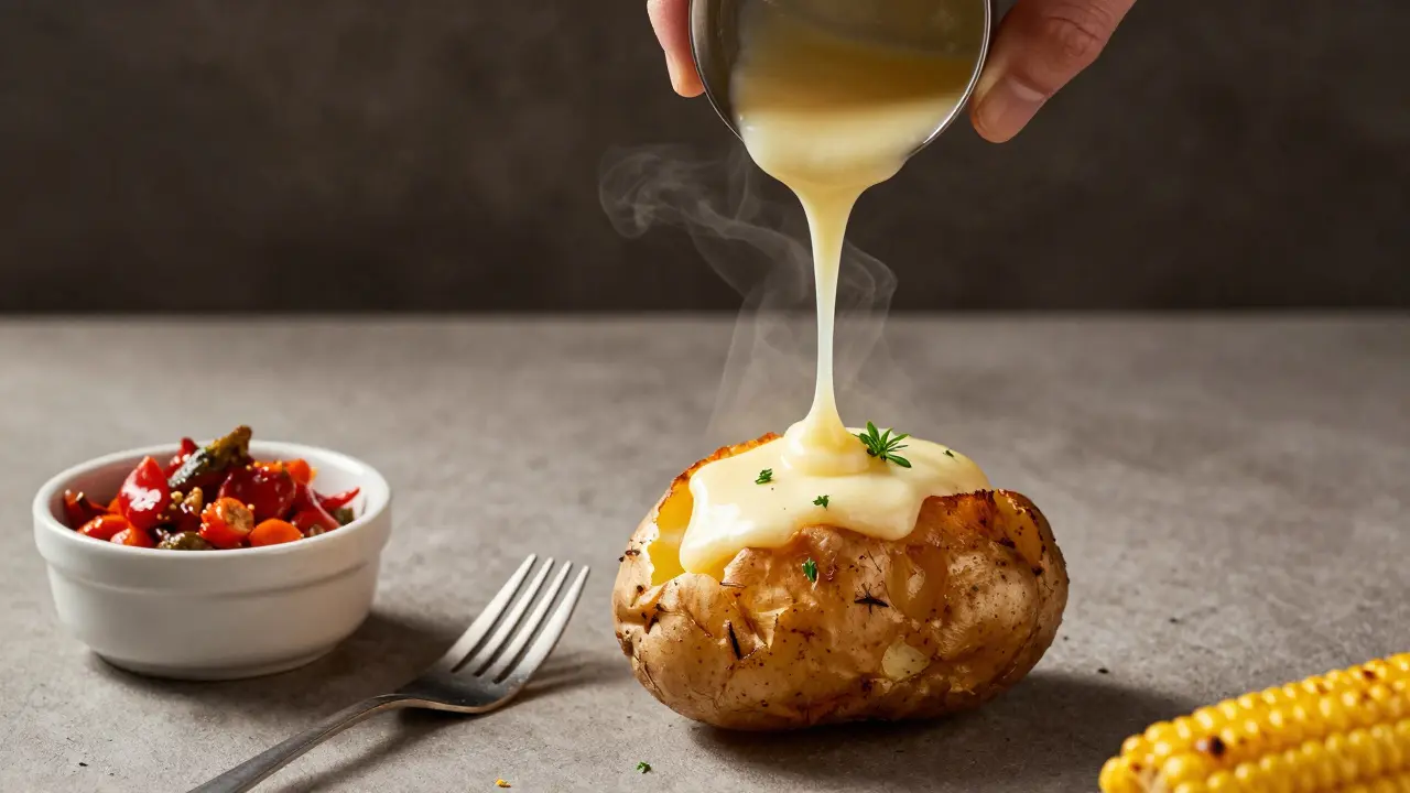 Ruce nalévající horkou sýrovou omáčku na křupavou bramboru s parou.