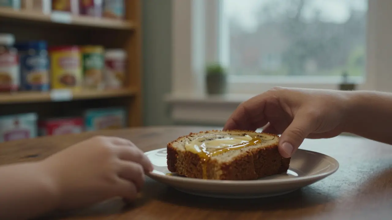 Ruka s kouskem banana breadu a dětská ruka, která se k němu táhne, za pozadím dešťové okno.