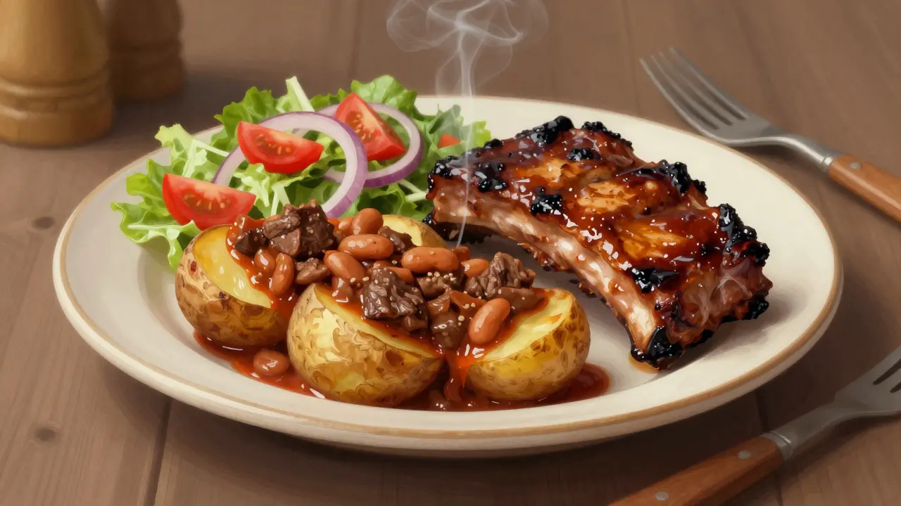 Talíř s americkými bramborami, chili con carne, rebříčky a čerstvým salátem.