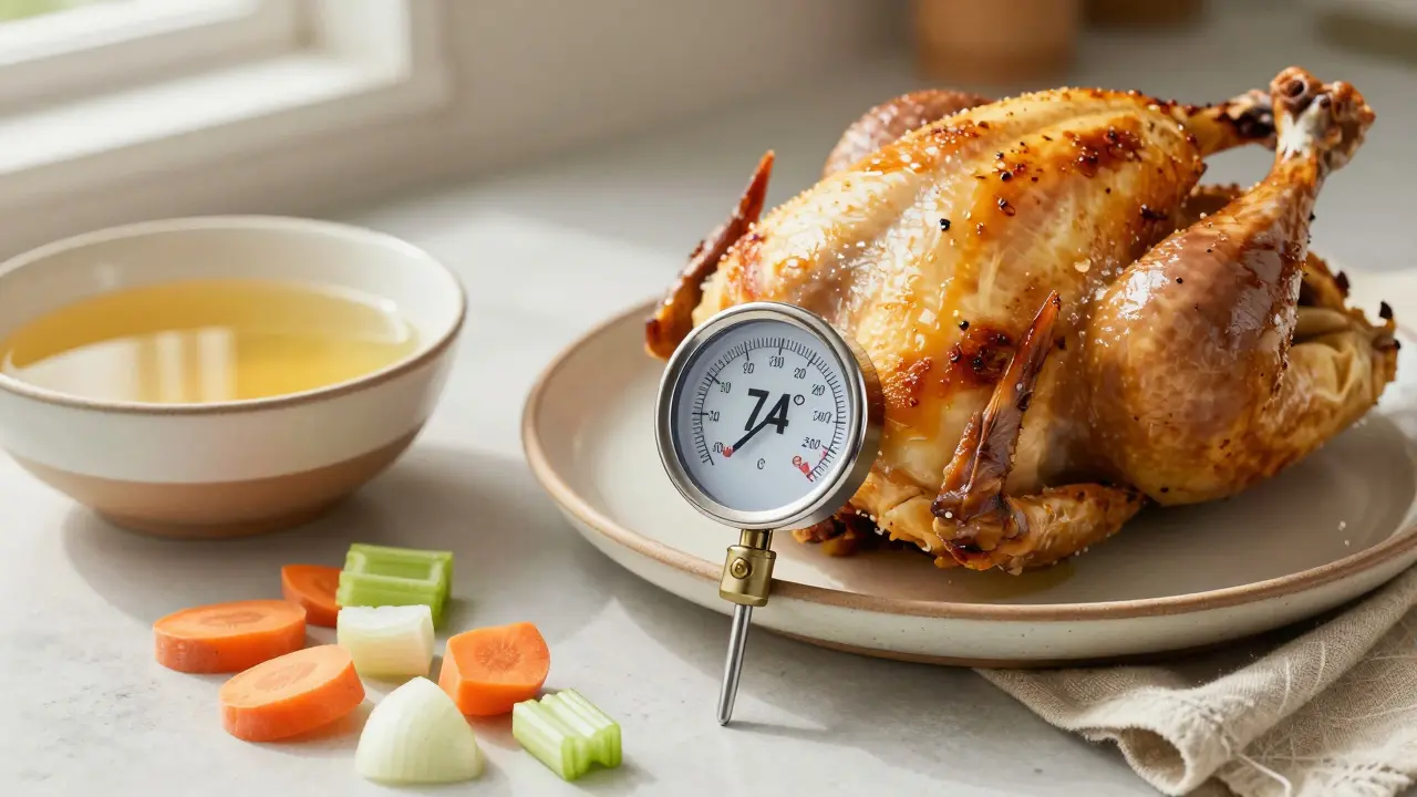 Teploměr ukazující 74 °C v celém kuřeti, kolem něj zelená zelenina a zlatý vývar na dřevěném stole.