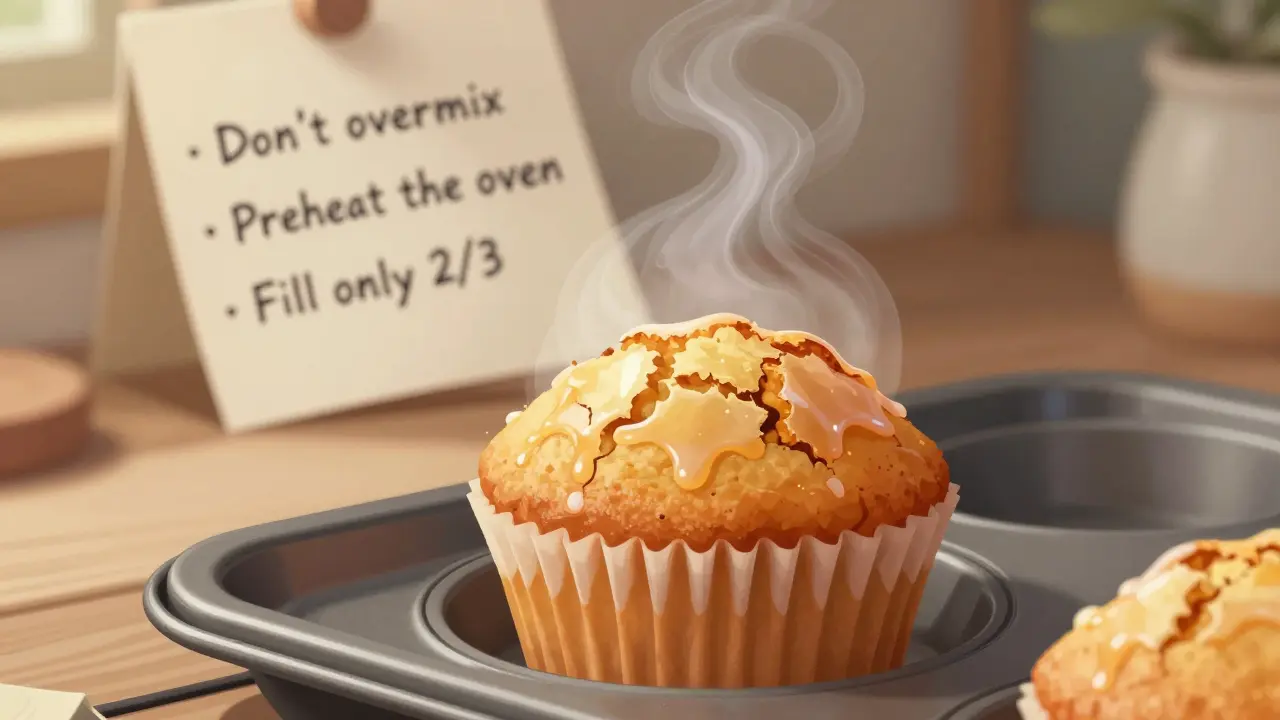 Teplý muffin vyjímaný z troubey, s párou a receptem na pozadí.