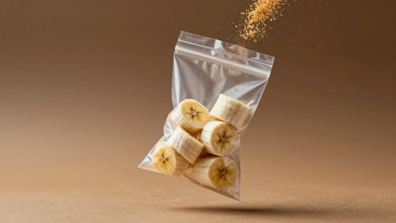 Zamražené kousky banánů v sáčku, visící ve vzduchu.