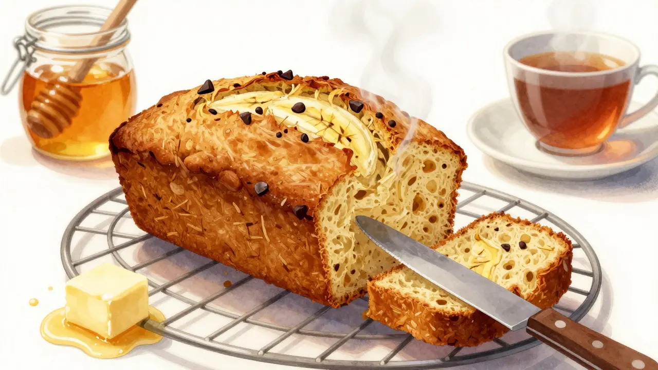 Zlatý banana bread na chladící mřížce, když z něj stoupá pára a je vidět jeho vlhká struktura.